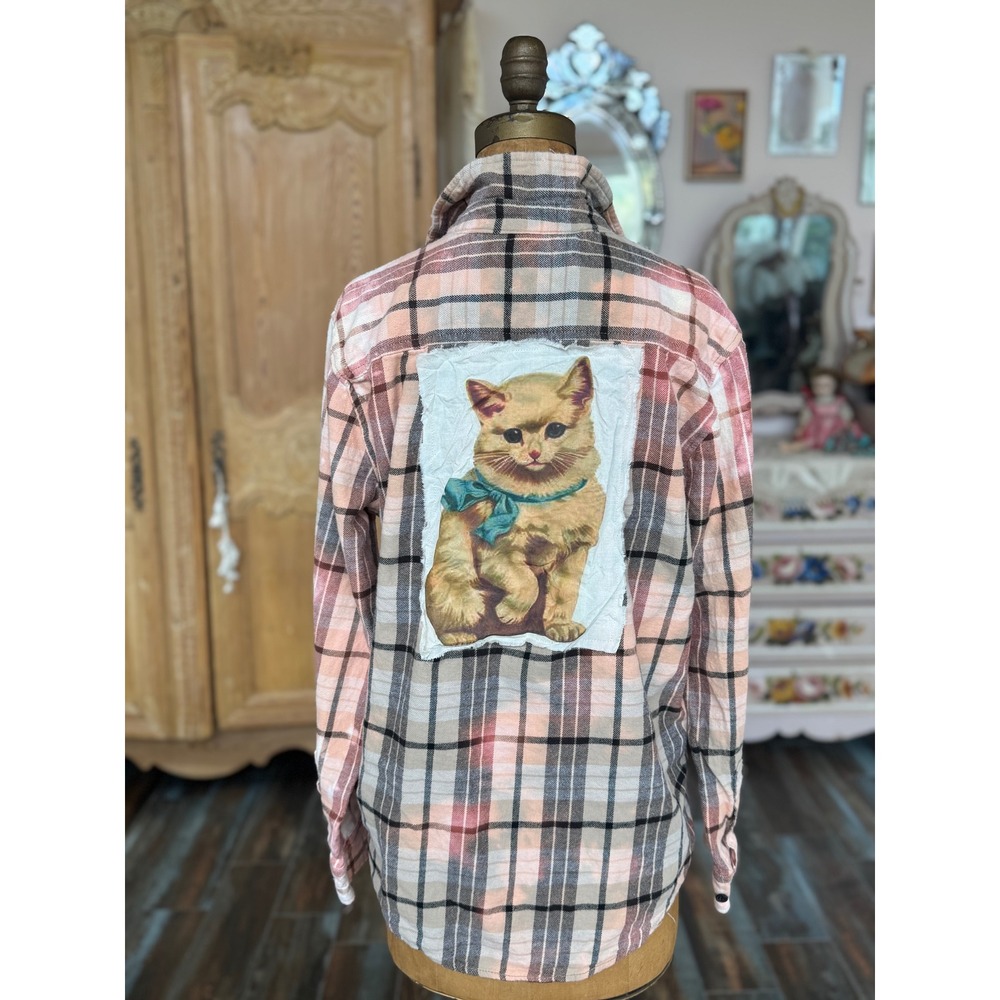Upcycled Cat Patch Flannel Shirt Medium PacSun Cottagecore Folk Art - Picture 7 of 7